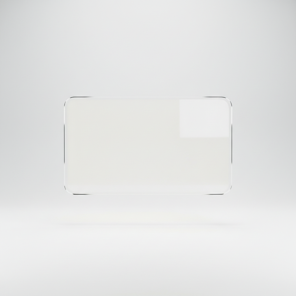 A large, floating glass panel positioned perfectly in the center of a seamless matte white studio backdrop, symbolizing a “coming soon” placeholder. The transparent panel has subtle beveled edges that catch soft, diffused overhead light, creating delicate highlights and realistic reflections. Its interior is a uniformly bright, slightly off-white area designed to visually accept a user-provided screenshot. The composition is strictly centered, with generous negative space and a shallow shadow on the floor to ground the panel. Captured in photographic realism at eye level, the atmosphere feels clean, modern, and professional, with no text or additional elements to distract from the future content area.